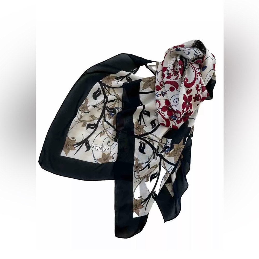 Scarf, 45” Square, FloraI, Milky White With Navy Boarder, Red And Camel Design!